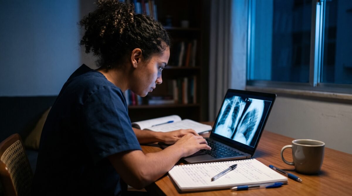 Aluno estudando radiologia à noite para concurso público