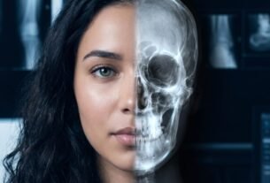 Preparatório para concurso de radiologia — Curso MasterX: rosto metade foto, metade raio-x do crânio